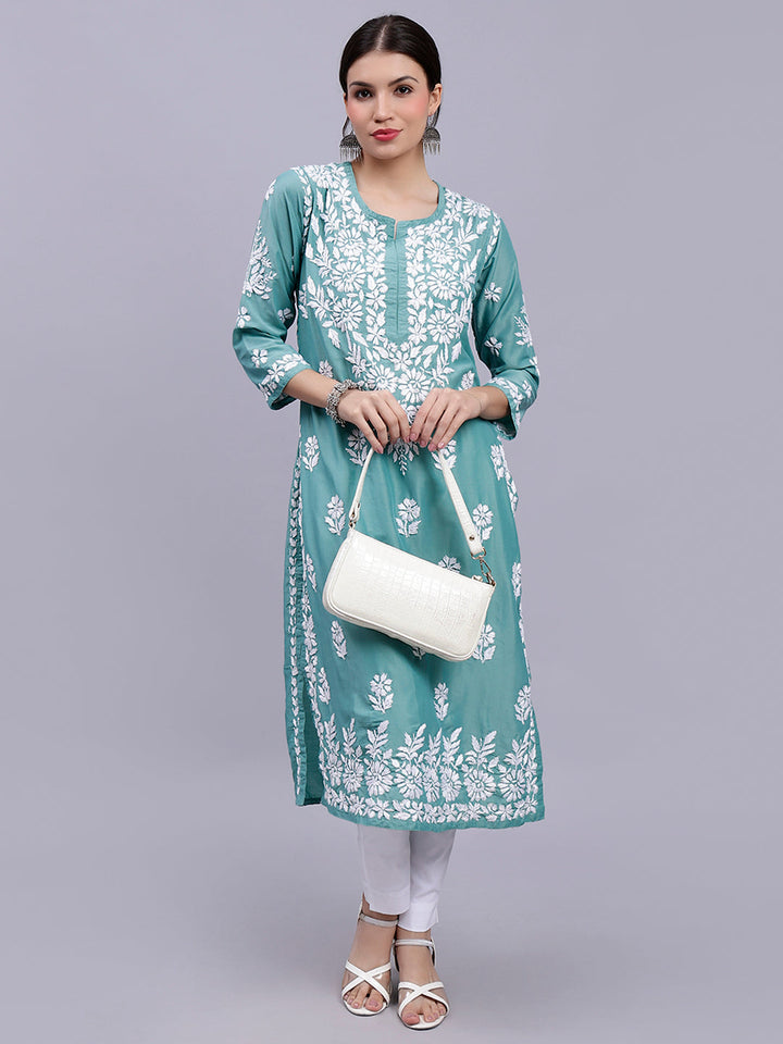 Bottle Green Muslin Handwoven Chikankari Kurti