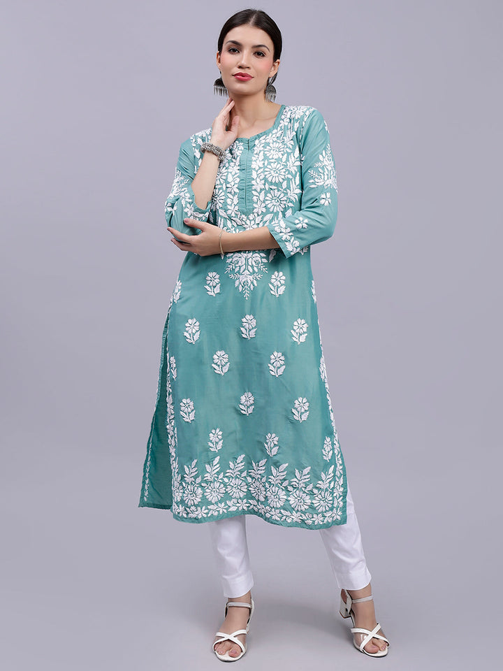 Bottle Green Muslin Handwoven Chikankari Kurti