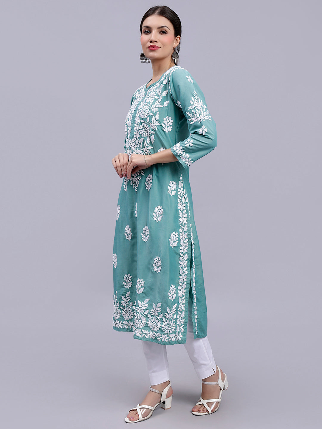 Bottle Green Muslin Handwoven Chikankari Kurti