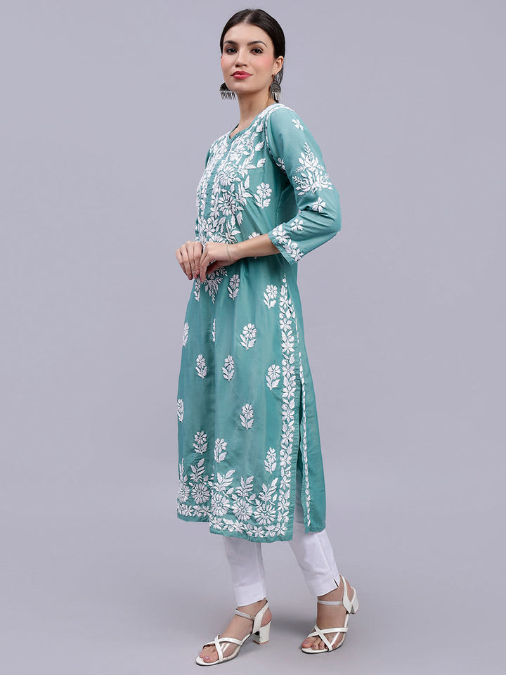 Bottle Green Muslin Handwoven Chikankari Kurti