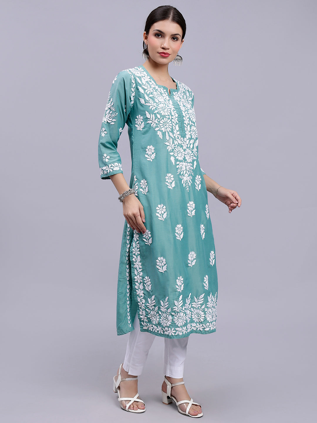 Bottle Green Muslin Handwoven Chikankari Kurti