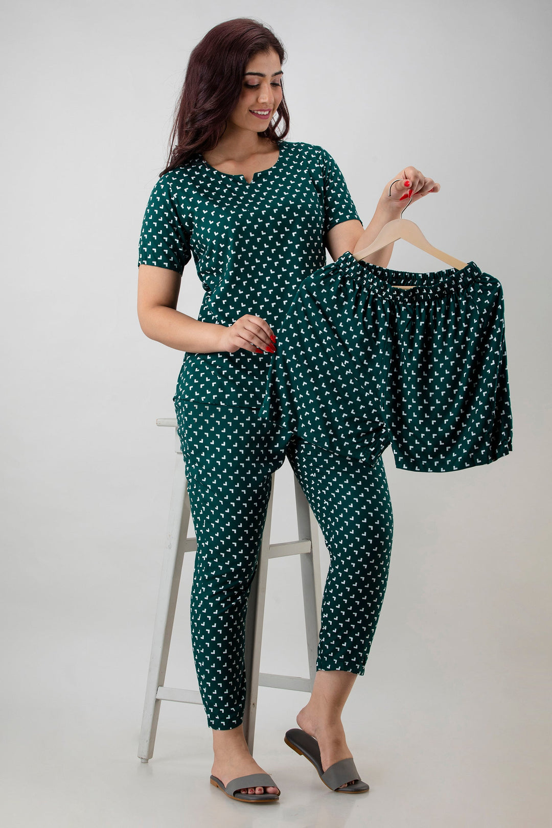 Bottle Green Rayon Shirt and Pant Night Suit