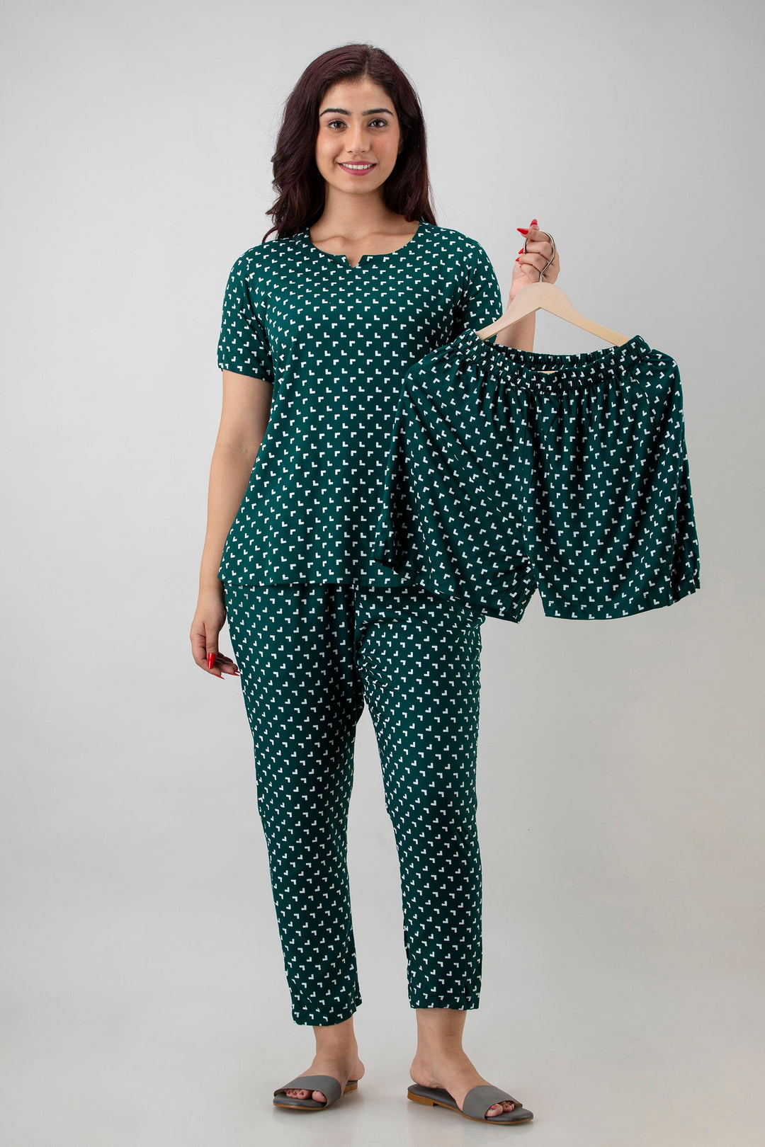 Bottle Green Rayon Shirt and Pant Night Suit