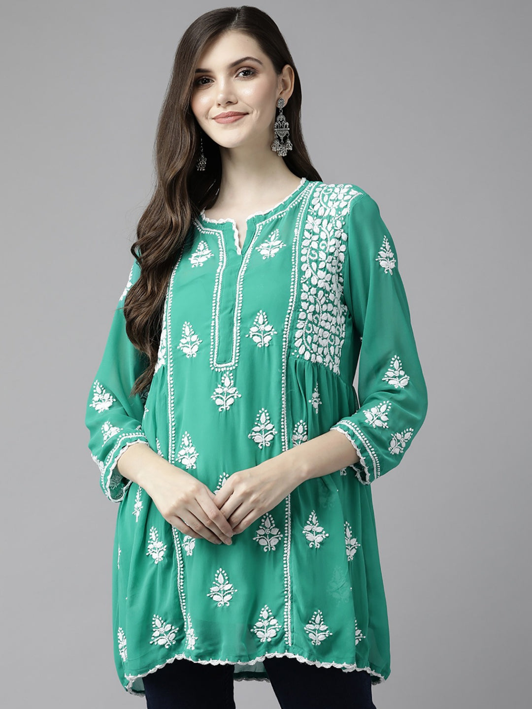 Bottle-Green-Chikankari-Kurti-With-Slip