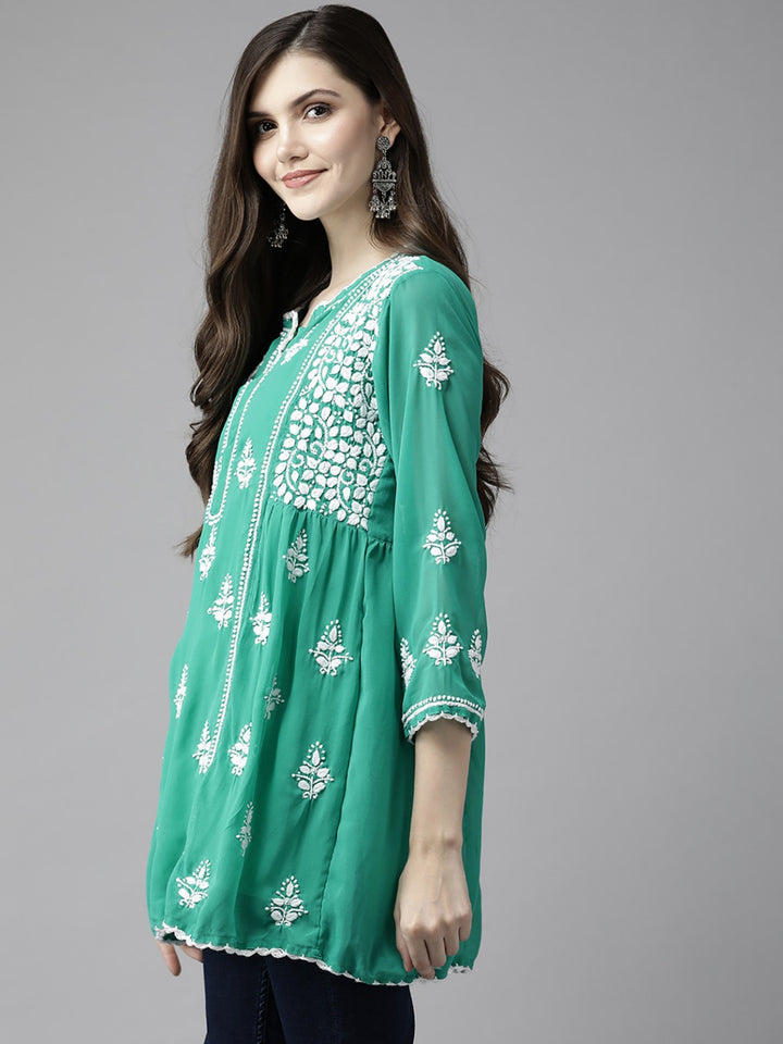 Bottle-Green-Chikankari-Kurti-With-Slip