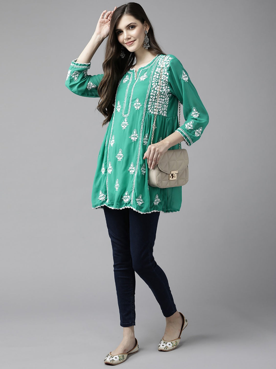 Bottle-Green-Chikankari-Kurti-With-Slip