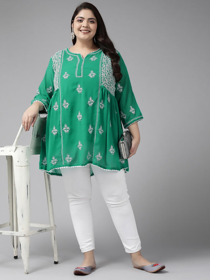 Bottle-Green-Chikankari-Kurti-With-Slip