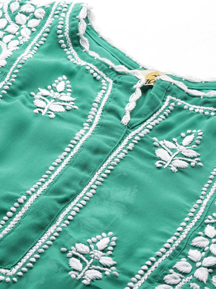 Bottle-Green-Chikankari-Kurti-With-Slip