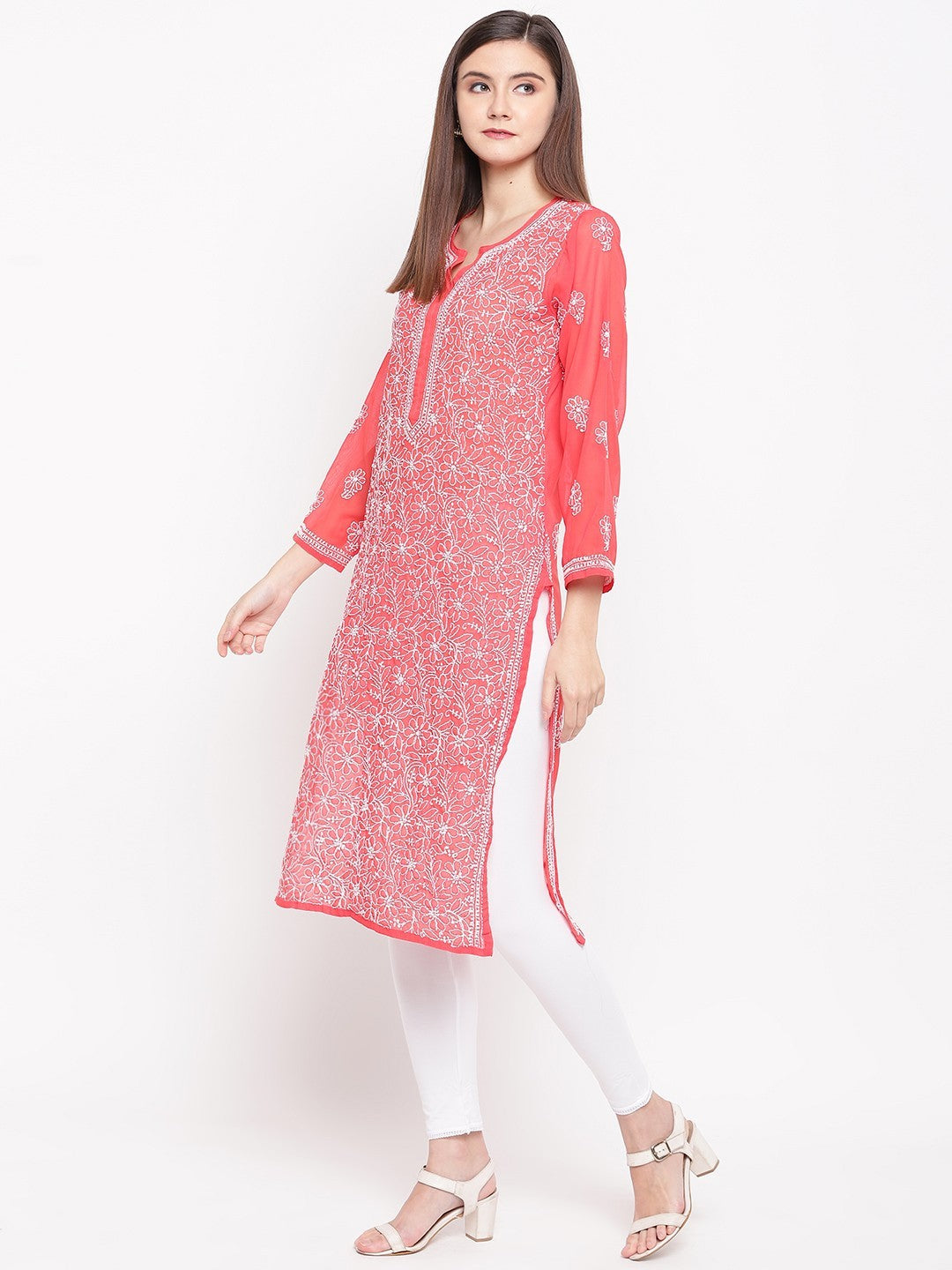 Brick-Red-Georgette-Lucknowi-Chikankari-Kurta