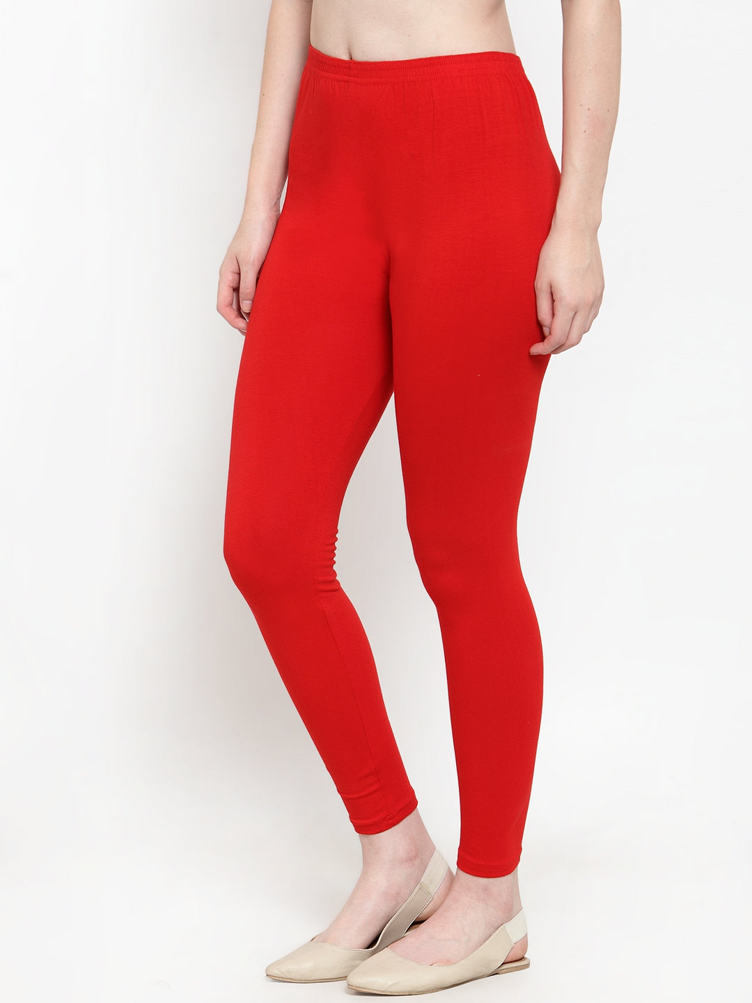 Bright Red Ankle Length Cotton Lycra Leggings