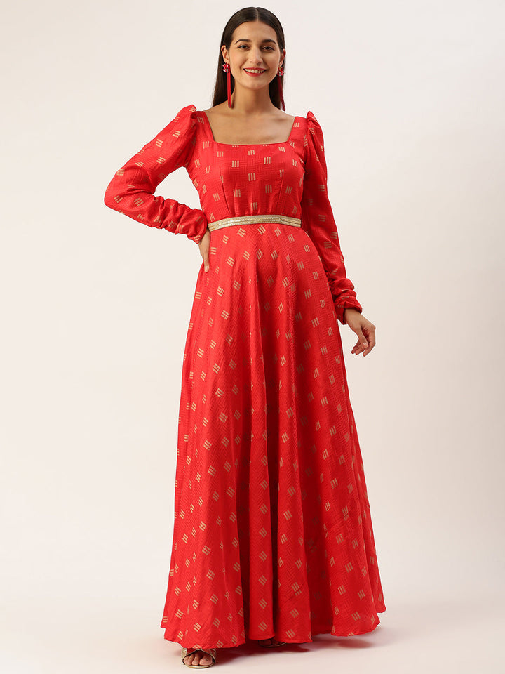 Bright Red Art Silk Floor Length Maxi Dress