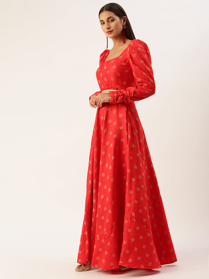 Bright Red Art Silk Floor Length Maxi Dress