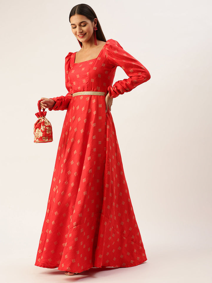 Bright Red Art Silk Floor Length Maxi Dress