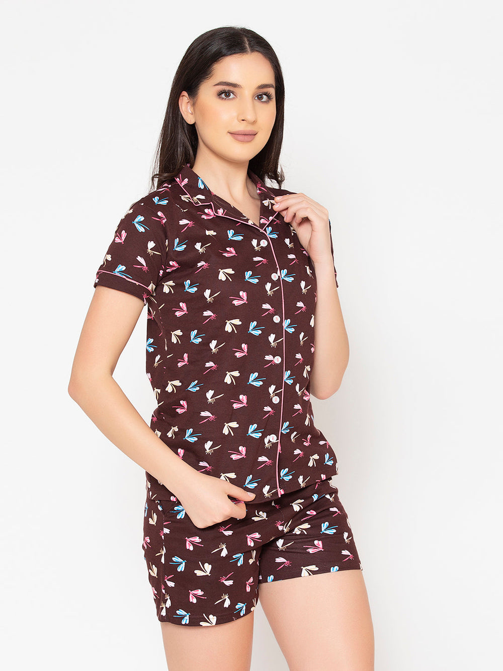 Brown-Button-Me-Up-Print-Shirt-&-Shorts-Set