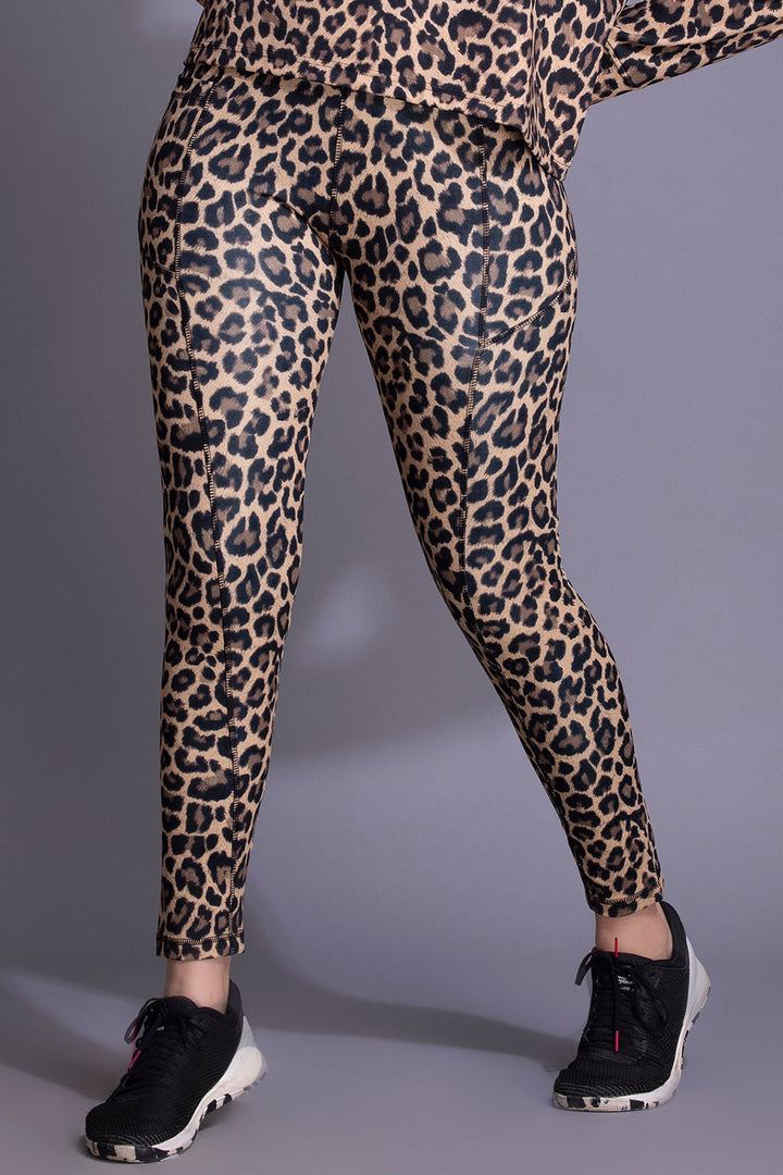 Brown High-Rise Animal Print Active Tights with Side Pocket