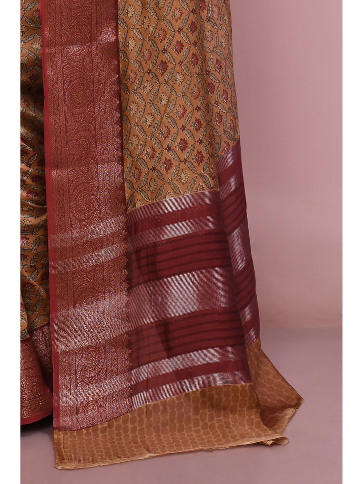 Brown Printed Chanderi Red Border Saree