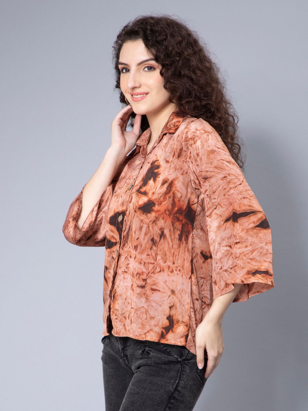 Brown Silk Crepe Fabric Tie-Dye Print Shirt