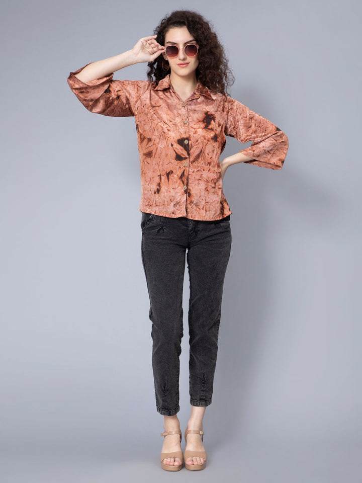 Brown Silk Crepe Fabric Tie-Dye Print Shirt