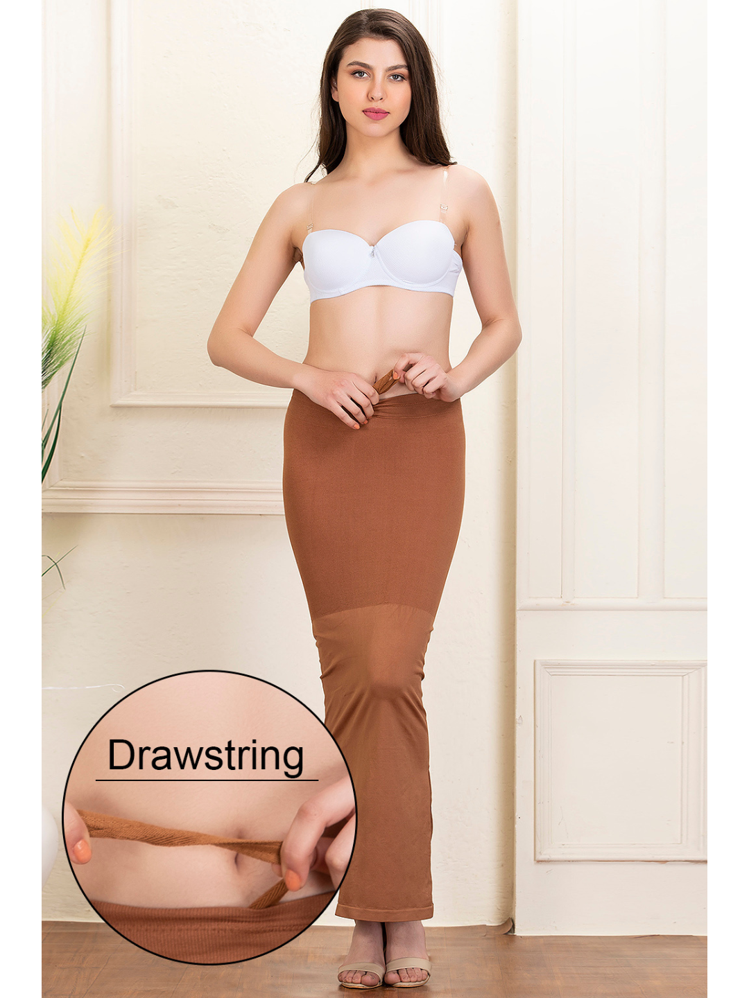 Brown Spandex Saree Shapewear with Drawstring 