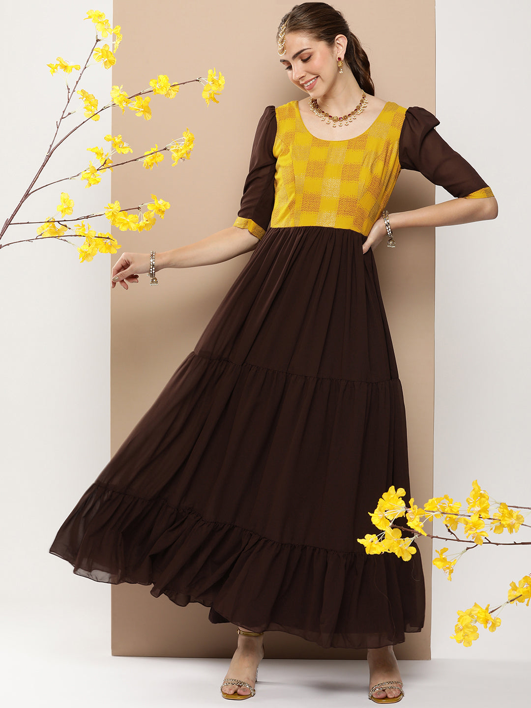 Brown & Yellow Rayon Georgette Gathered Dress