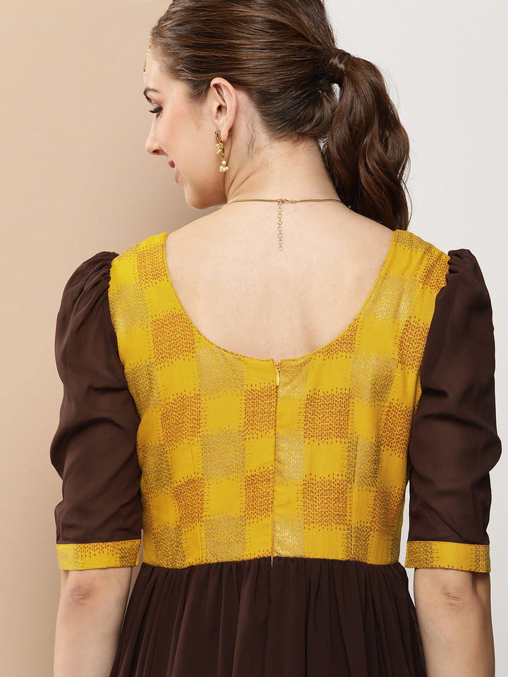Brown & Yellow Rayon Georgette Gathered Dress