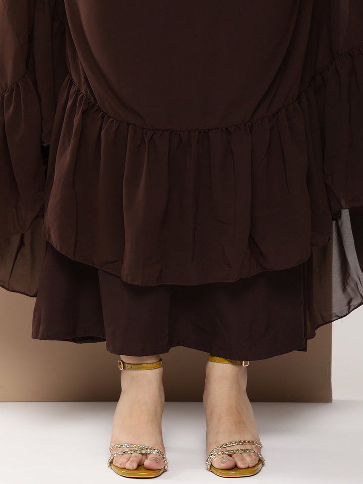 Brown & Yellow Rayon Georgette Gathered Dress
