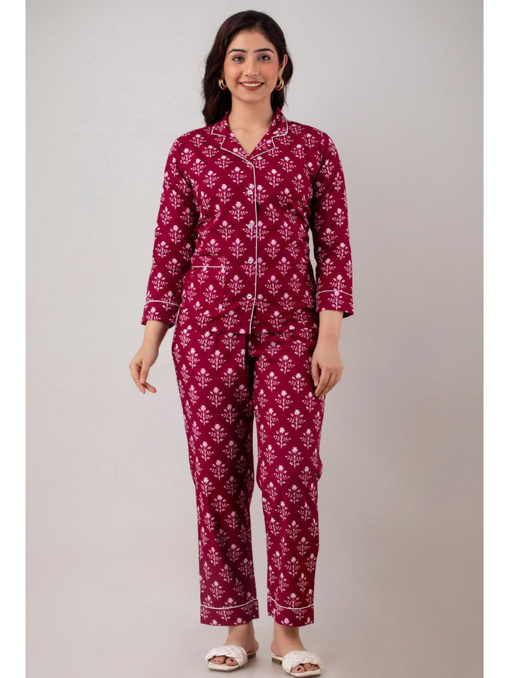 Burgundy Cotton Night Suit with Front Pocket