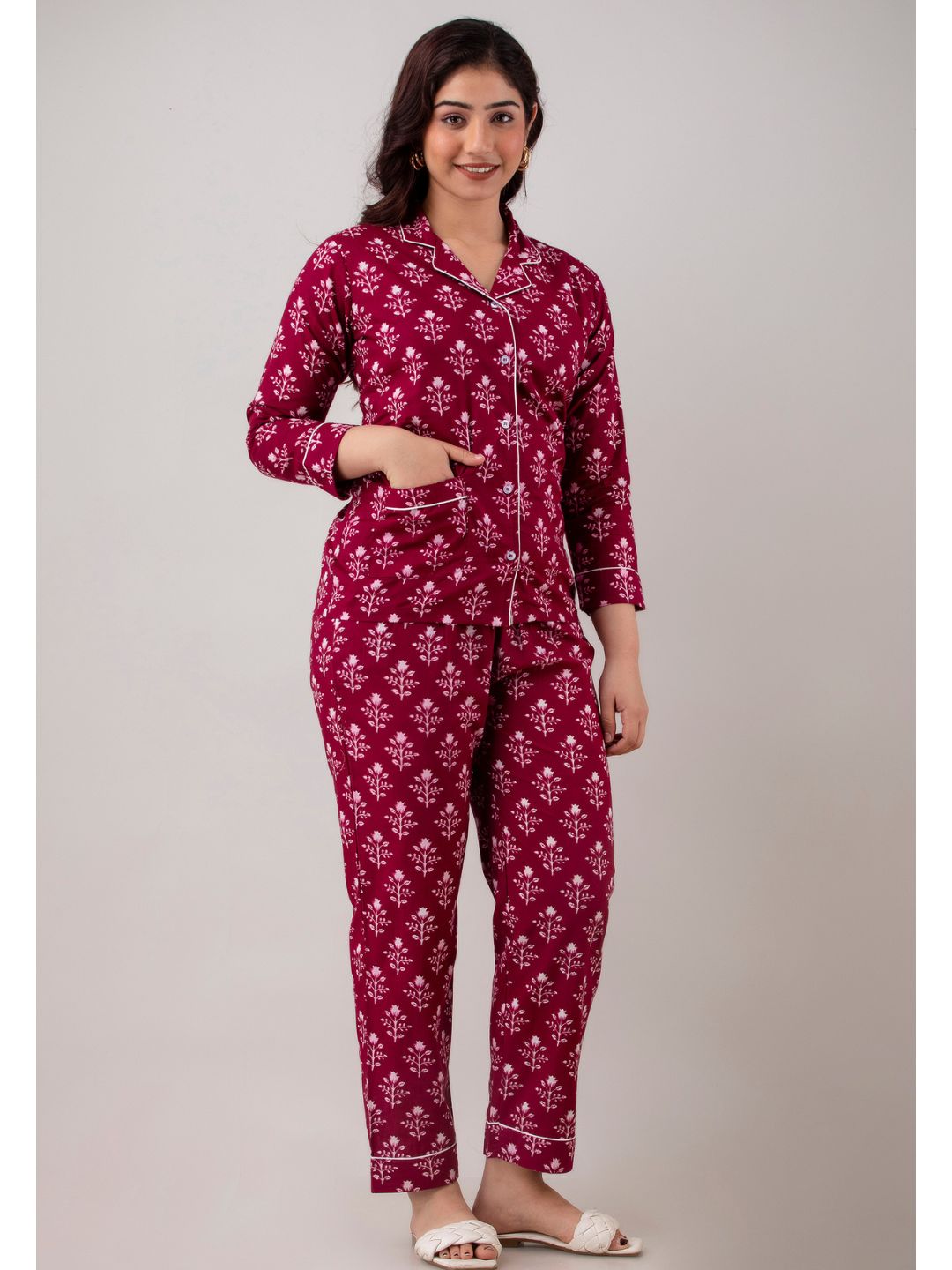 Burgundy Cotton Night Suit with Front Pocket