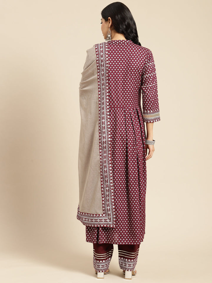 Burgundy Printed Mirror Work Kurta Set & Dupatta