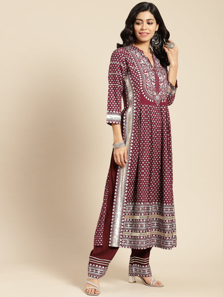 Burgundy Printed Mirror Work Kurta Set & Dupatta