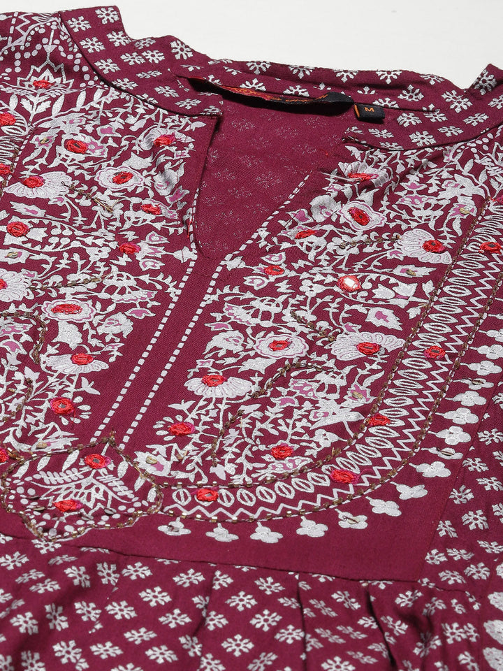 Burgundy Printed Mirror Work Kurta Set & Dupatta