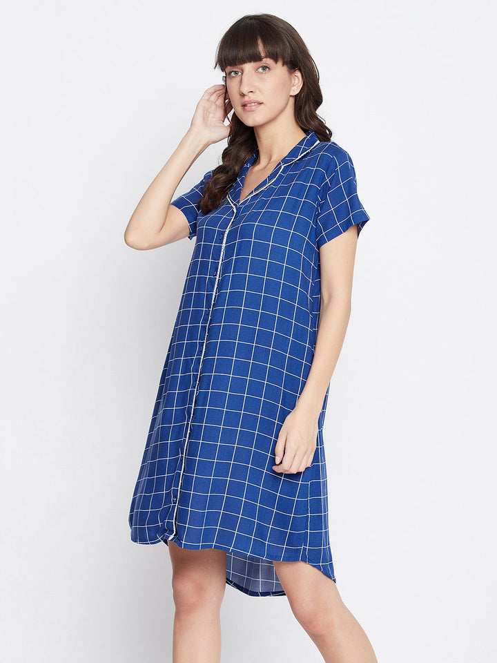 Button Me Up Checked Short Nightdress In Blue