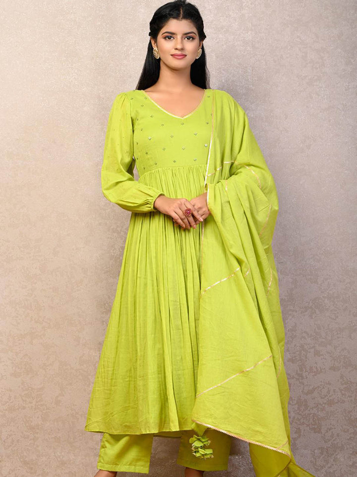 Lime-Green-Puffy-Sleeves-Anarkali(Set-Of-3)