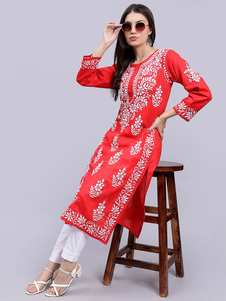 Cardinal Red Cotton Handwoven Chikankari Kurti