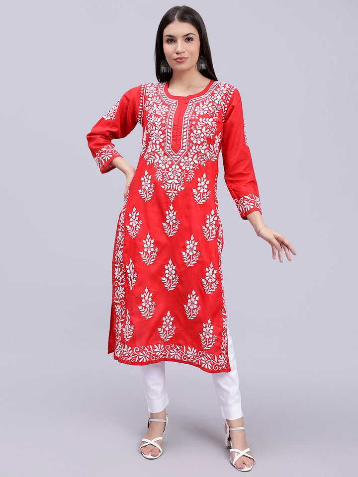 Cardinal Red Cotton Handwoven Chikankari Kurti