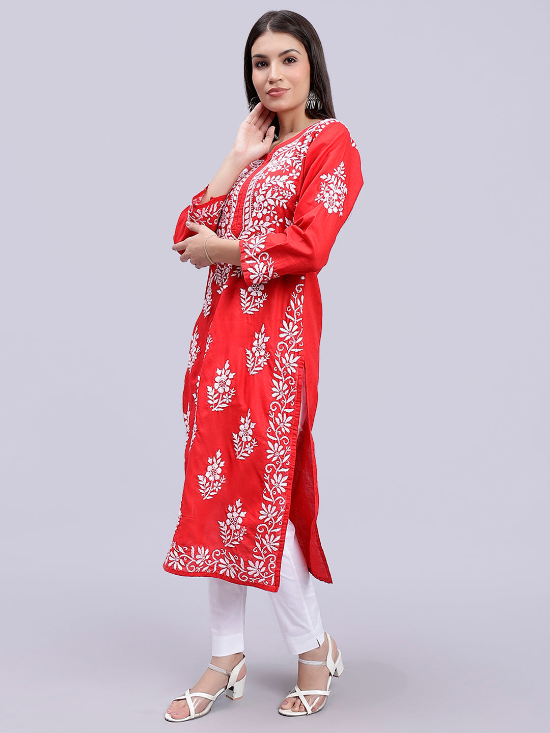 Cardinal Red Cotton Handwoven Chikankari Kurti