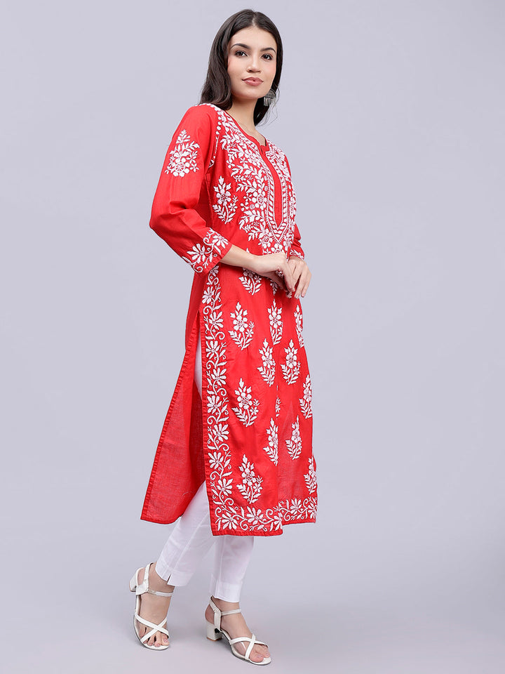 Cardinal Red Cotton Handwoven Chikankari Kurti