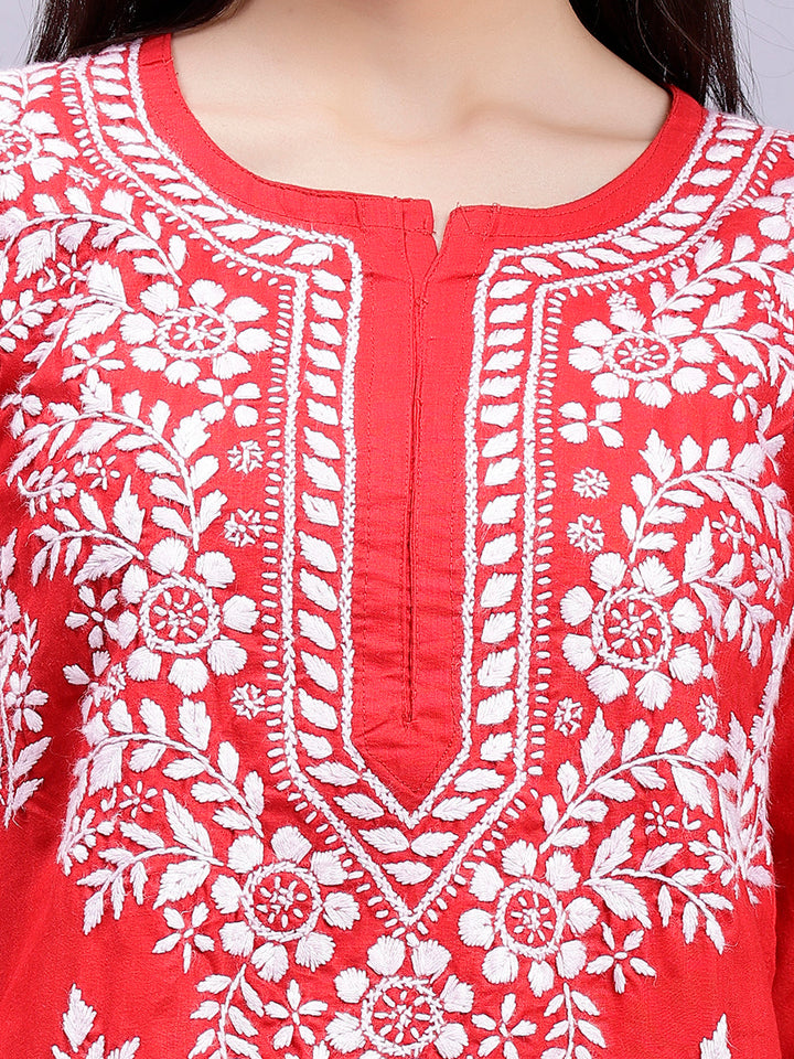 Cardinal Red Cotton Handwoven Chikankari Kurti