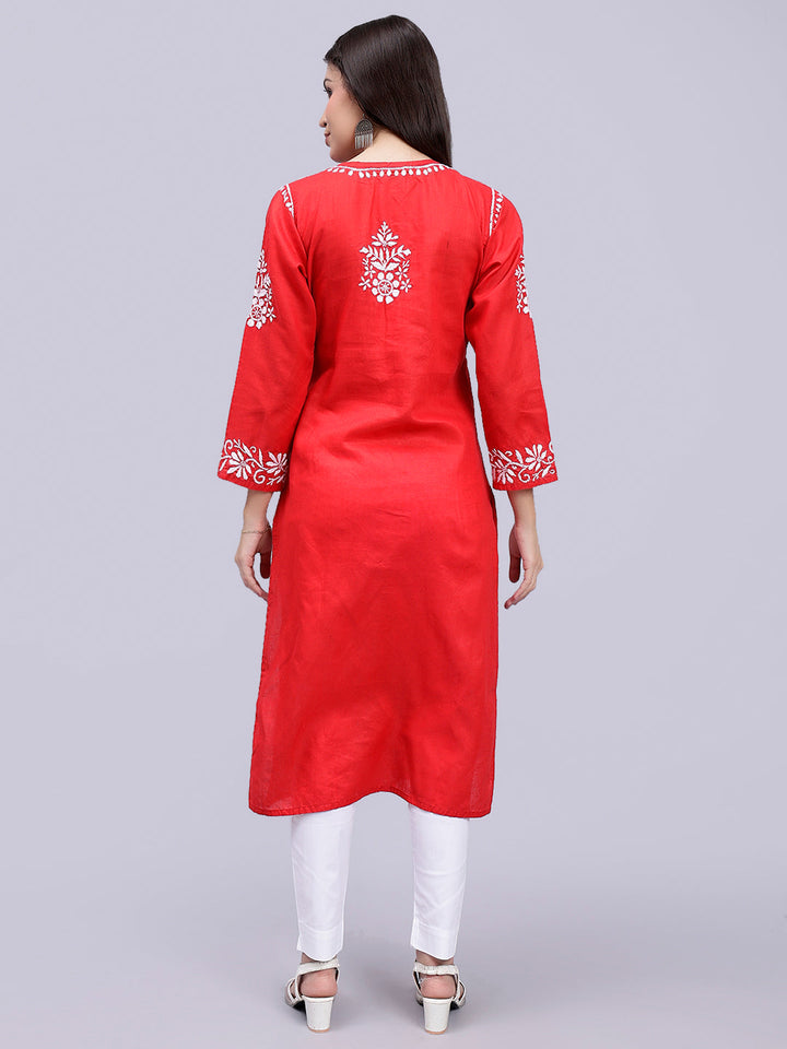 Cardinal Red Cotton Handwoven Chikankari Kurti