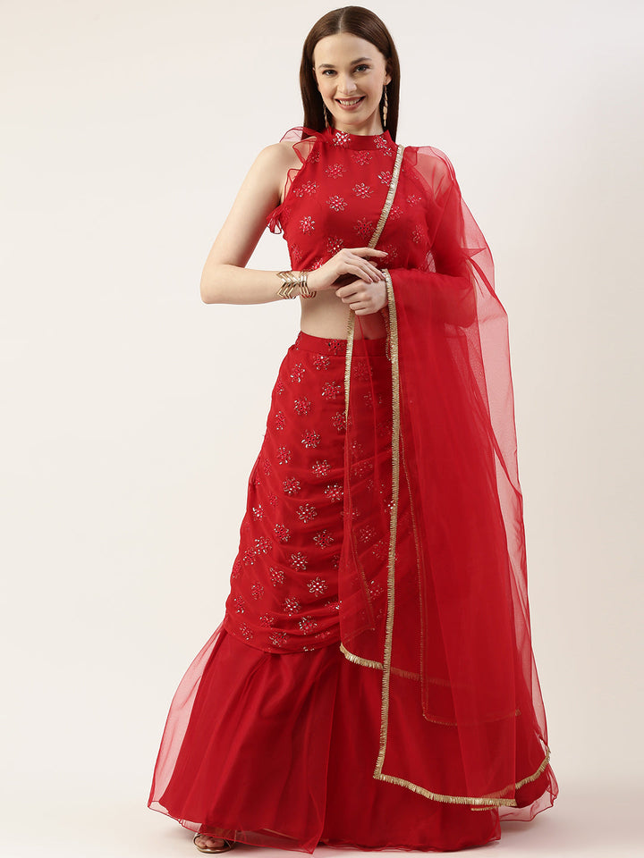 Cardinal Red Georgette Draped Lehenga Set