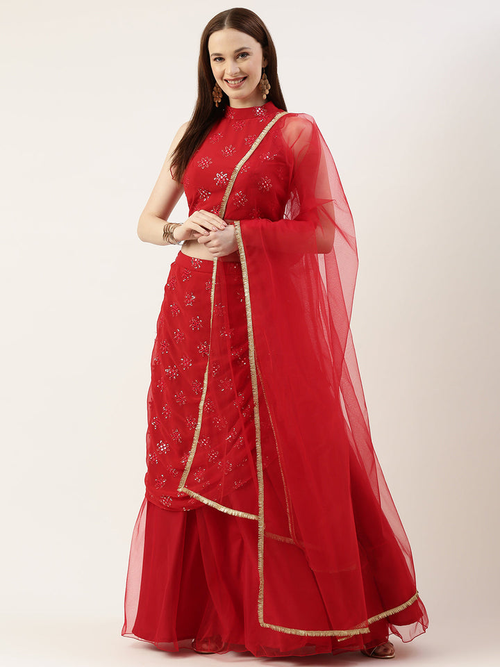 Cardinal Red Georgette Draped Lehenga Set