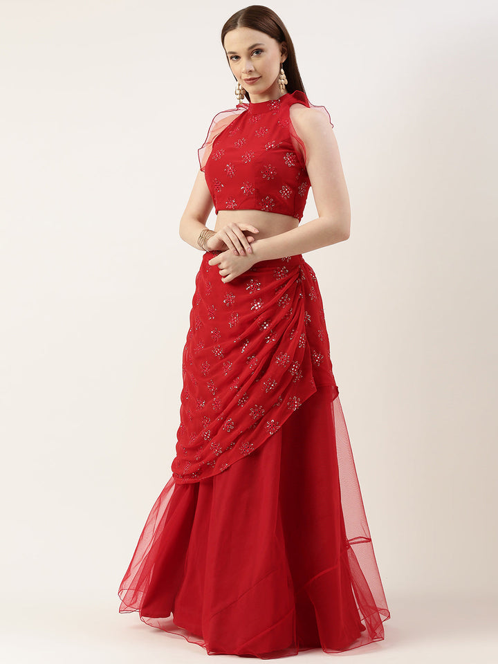 Cardinal Red Georgette Draped Lehenga Set