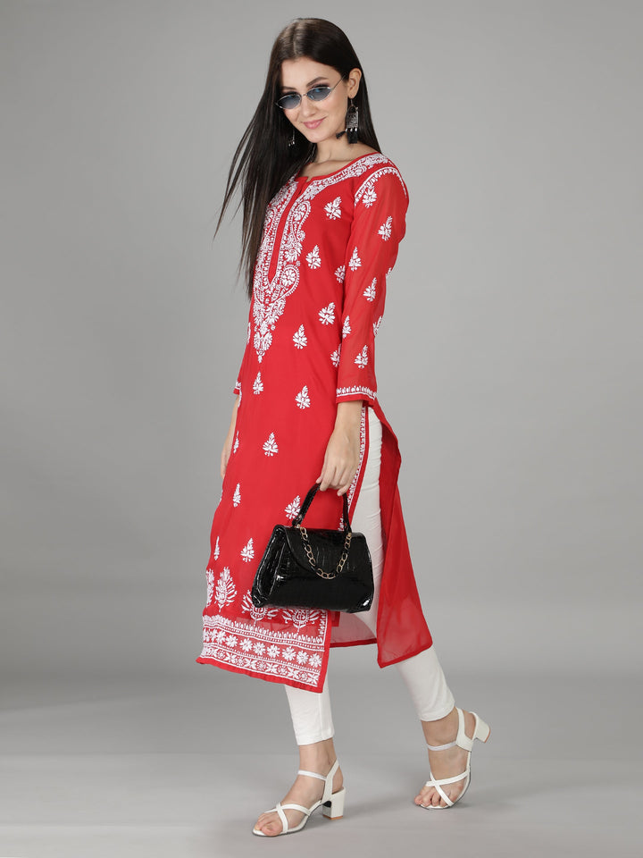 Carmine Red Georgette Chikan Kurta with Slip
