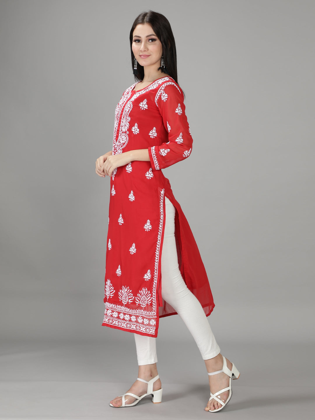 Carmine Red Georgette Chikan Kurta with Slip