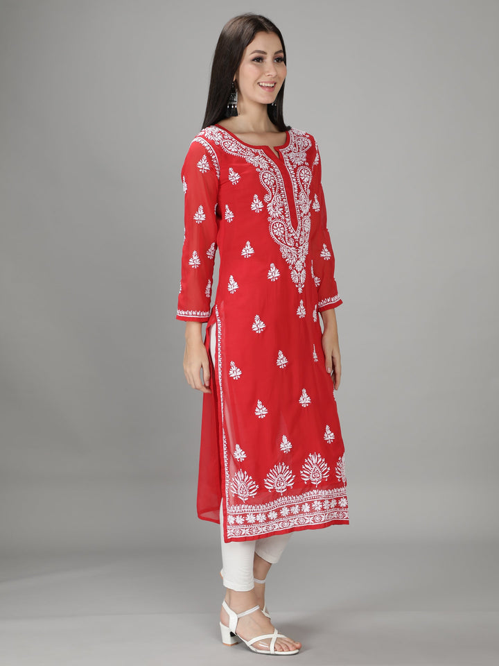 Carmine Red Georgette Chikan Kurta with Slip