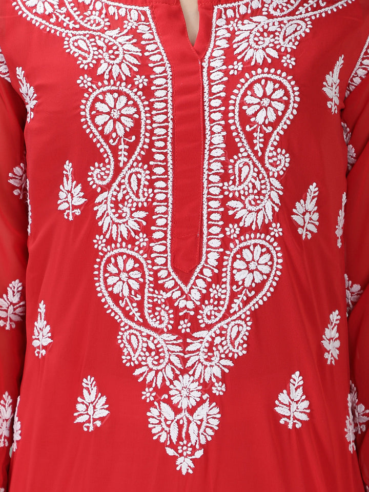 Carmine Red Georgette Chikan Kurta with Slip