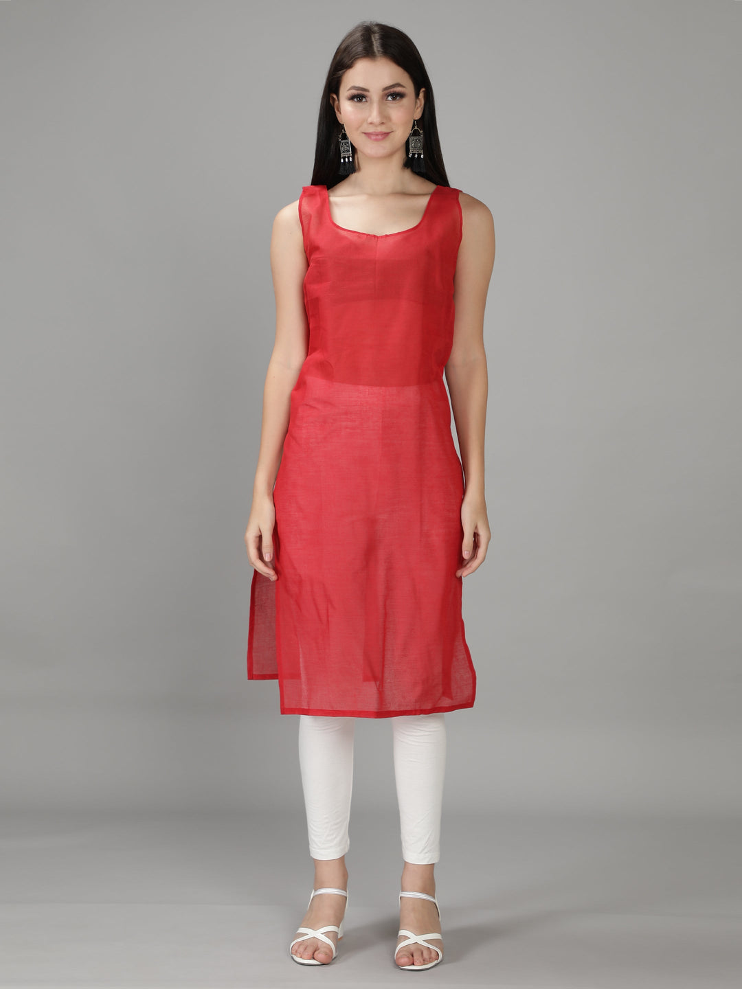 Carmine Red Georgette Chikan Kurta with Slip