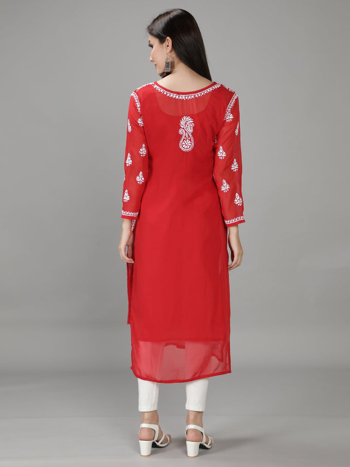 Carmine Red Georgette Chikan Kurta with Slip
