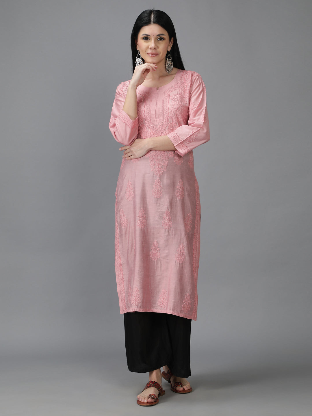 Carnation-Pink-Chanderi-Chikankari-Kurta