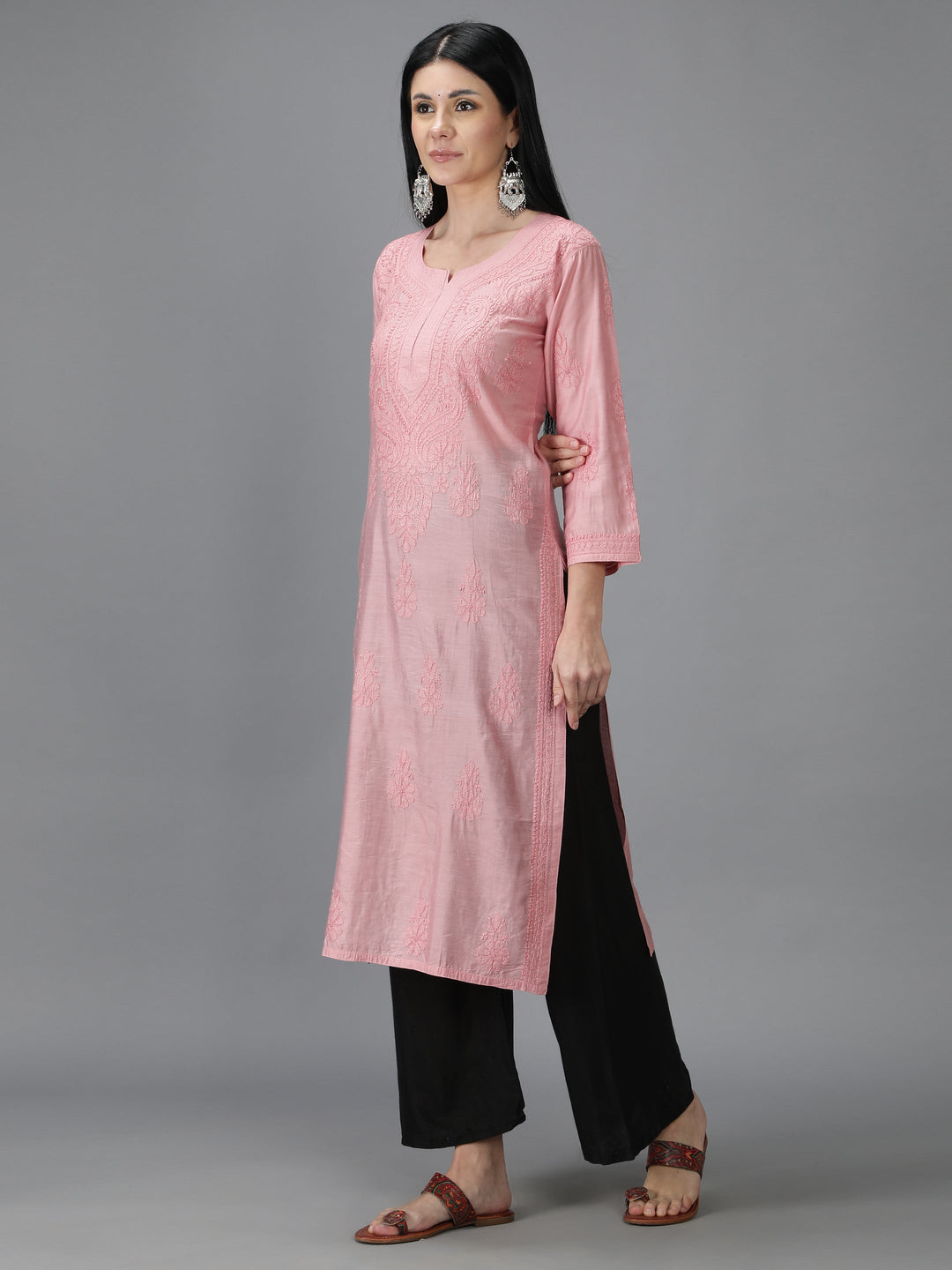 Carnation-Pink-Chanderi-Chikankari-Kurta